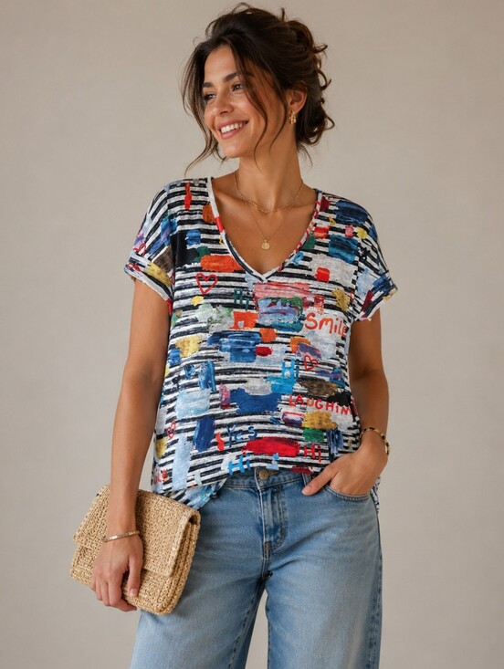 Tinta Tops - Tinta | Abstract Multicolor V-Neck Women's Top, Size 44